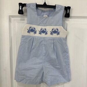 Vive La Fete 18Month Little Boy Gingham Blue Smocked Crab Overalls Button Bottom